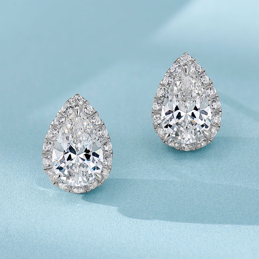 Pear-Cut Halo Stud Earrings | Silver Earrings