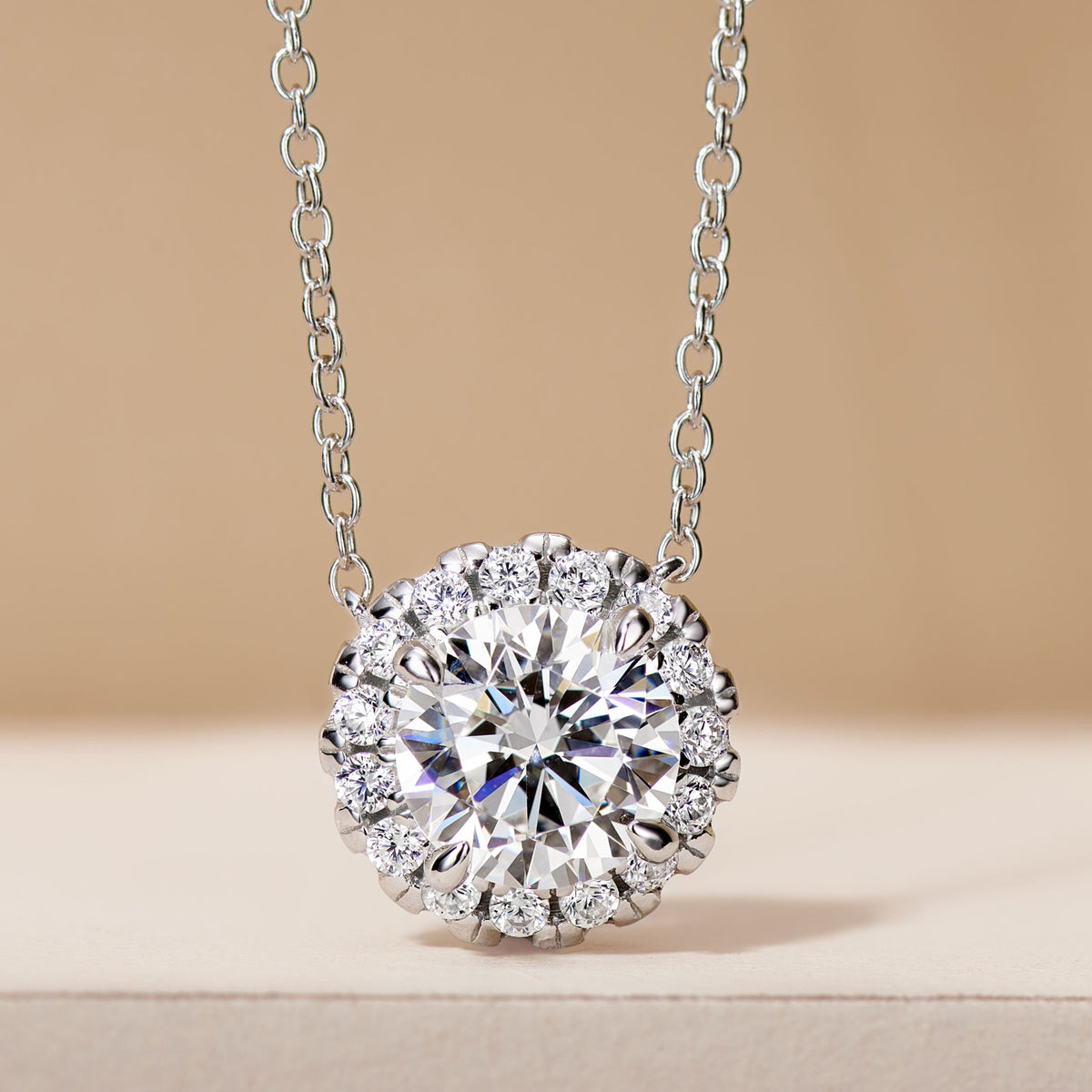 Round Brilliant Stone Halo Pendant | Silver Necklace