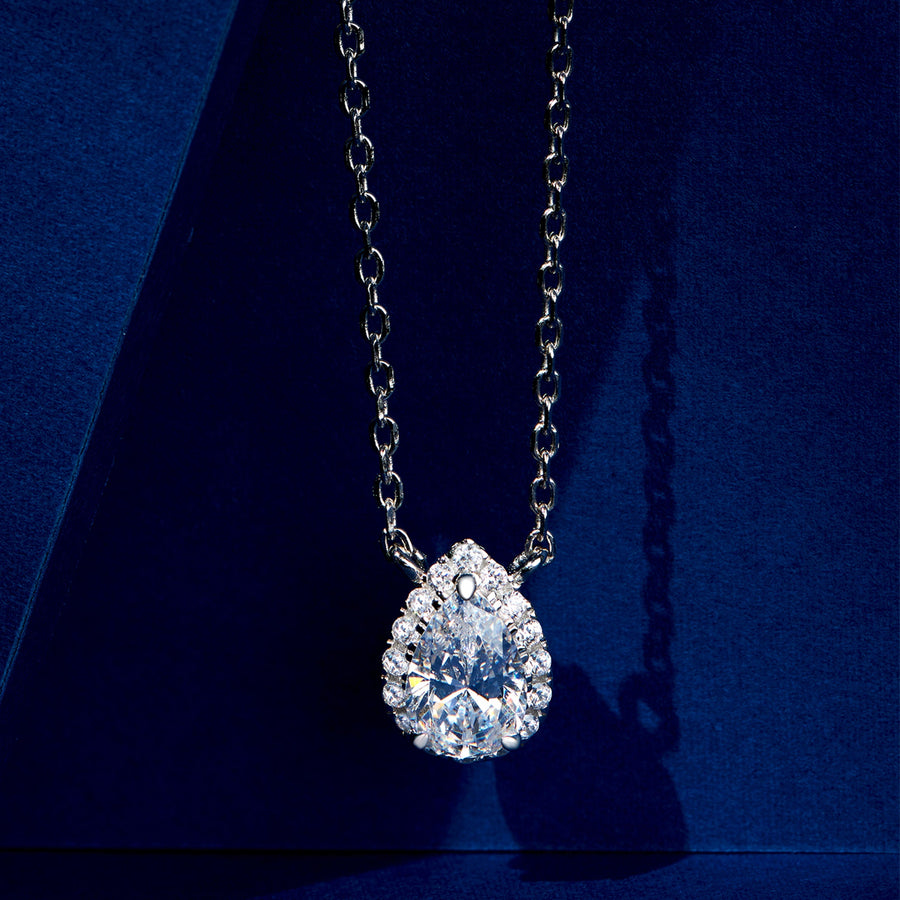 Pear-Cut Halo Pendant | Silver Necklace