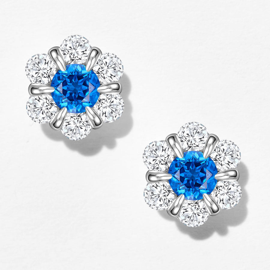 Blue Gemstone Flower Stud Earrings | Silver Earrings