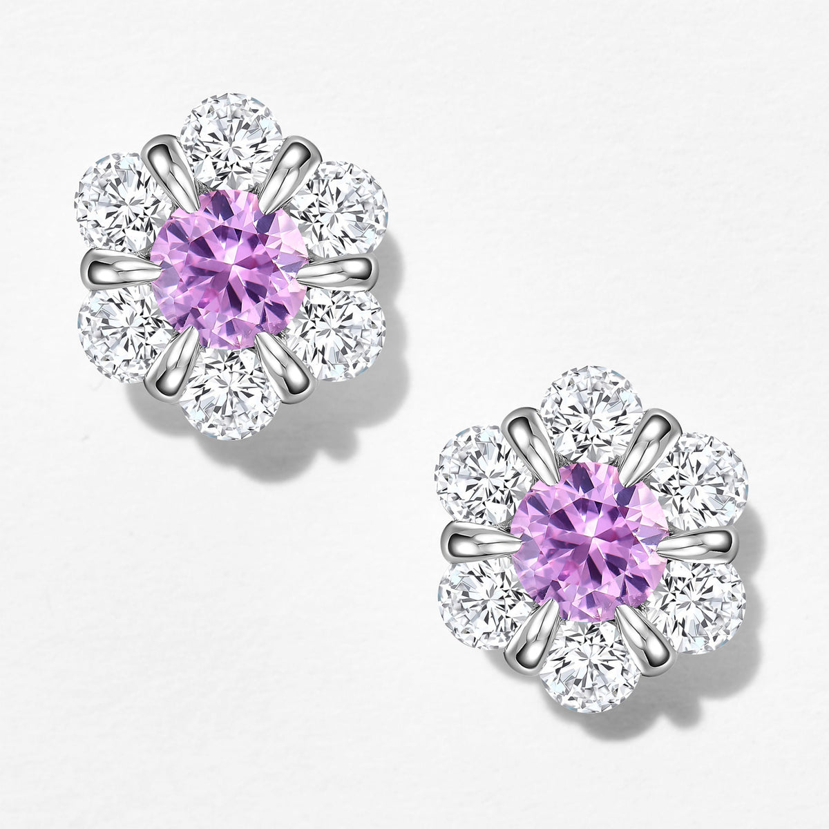 Purple Gemstone Flower Stud Earrings | Silver Earrings