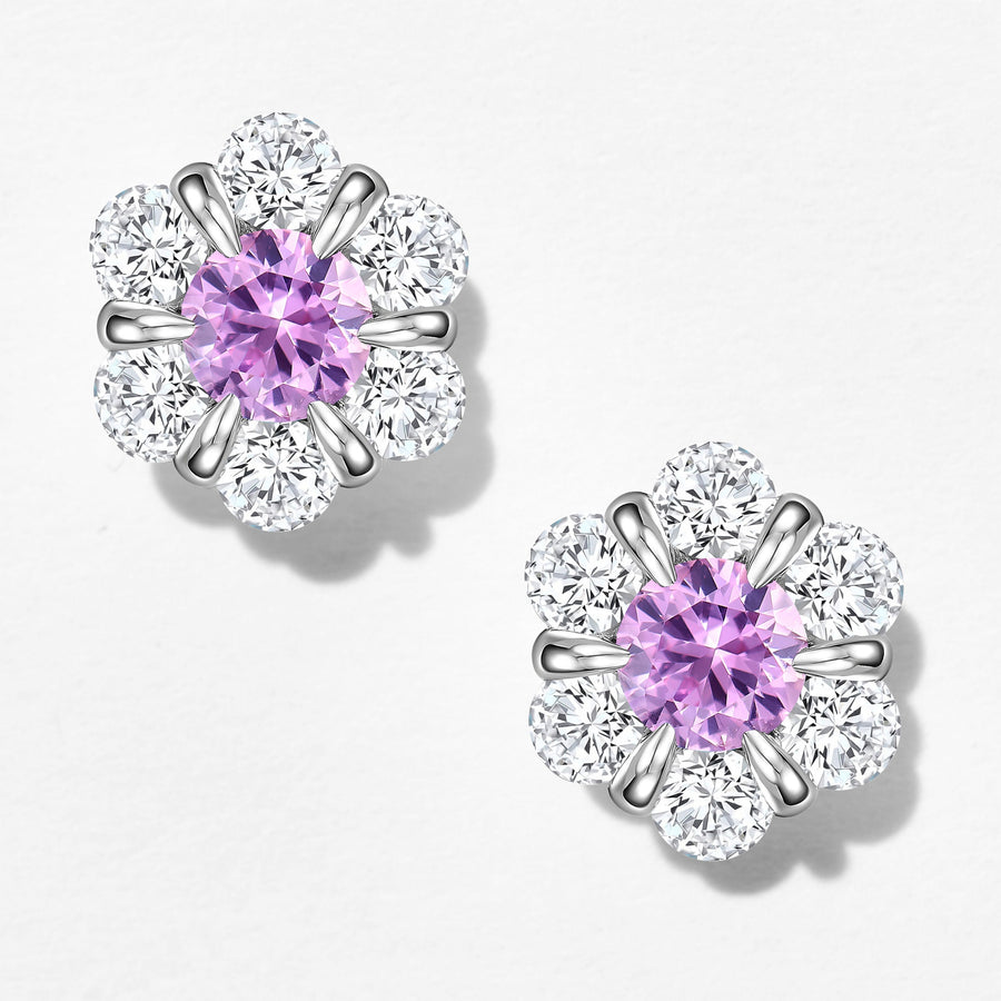 Purple Gemstone Flower Stud Earrings | Silver Earrings