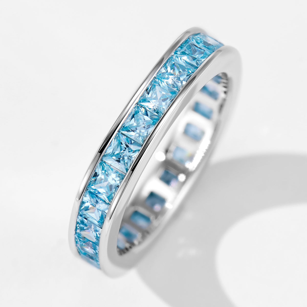 Light Sea Blue Princess Cut Paved Ring | Silver Ring