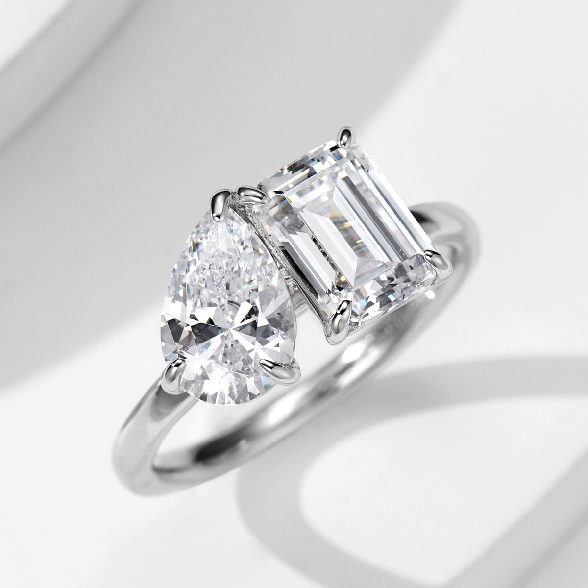 Pear and Emerald Cut Two-Stone Ring | Silver Ring