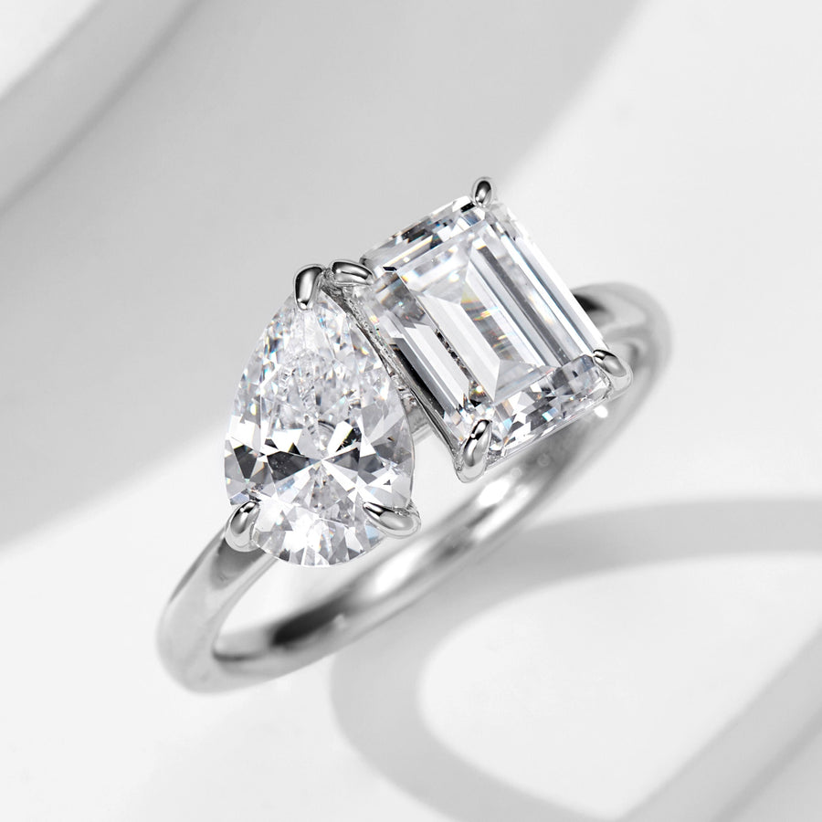Pear and Emerald Cut Two-Stone Ring | Silver Ring